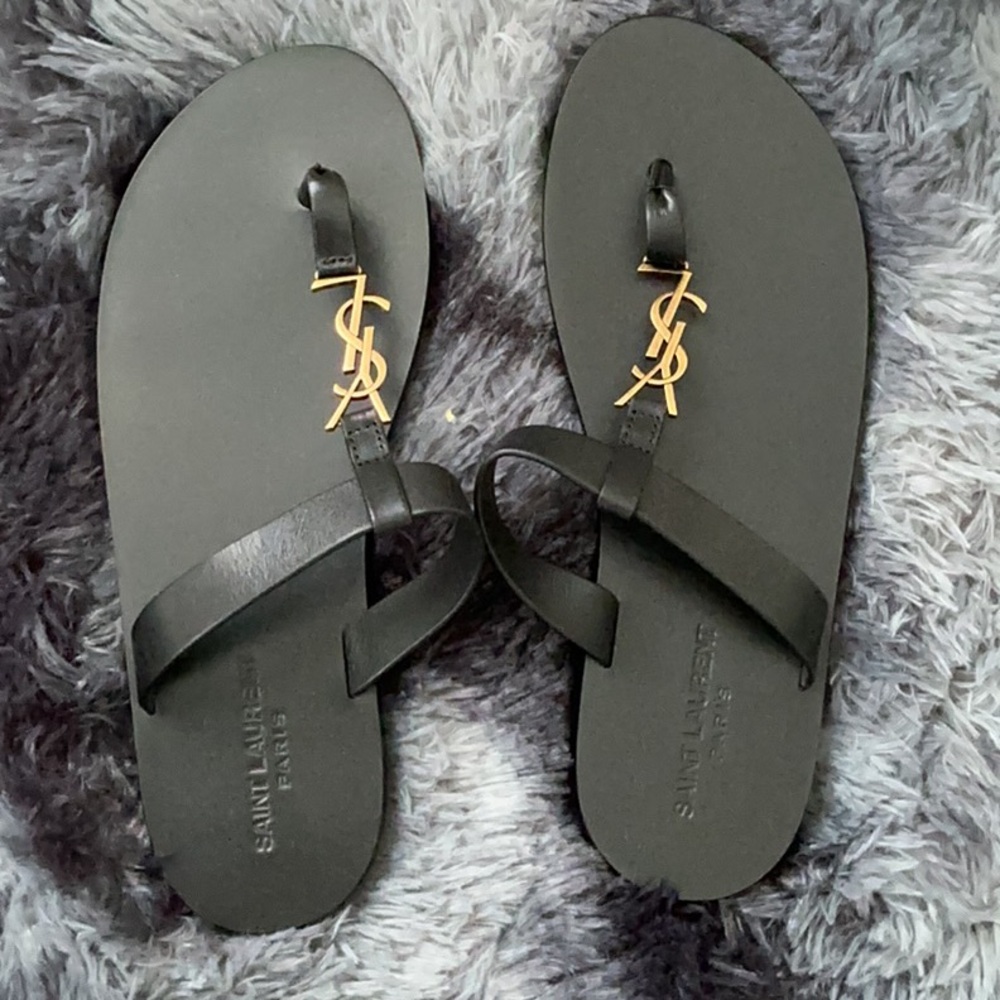 MEN size 41.5 Saint Laurent Black Thong Sandals with Gold Accents